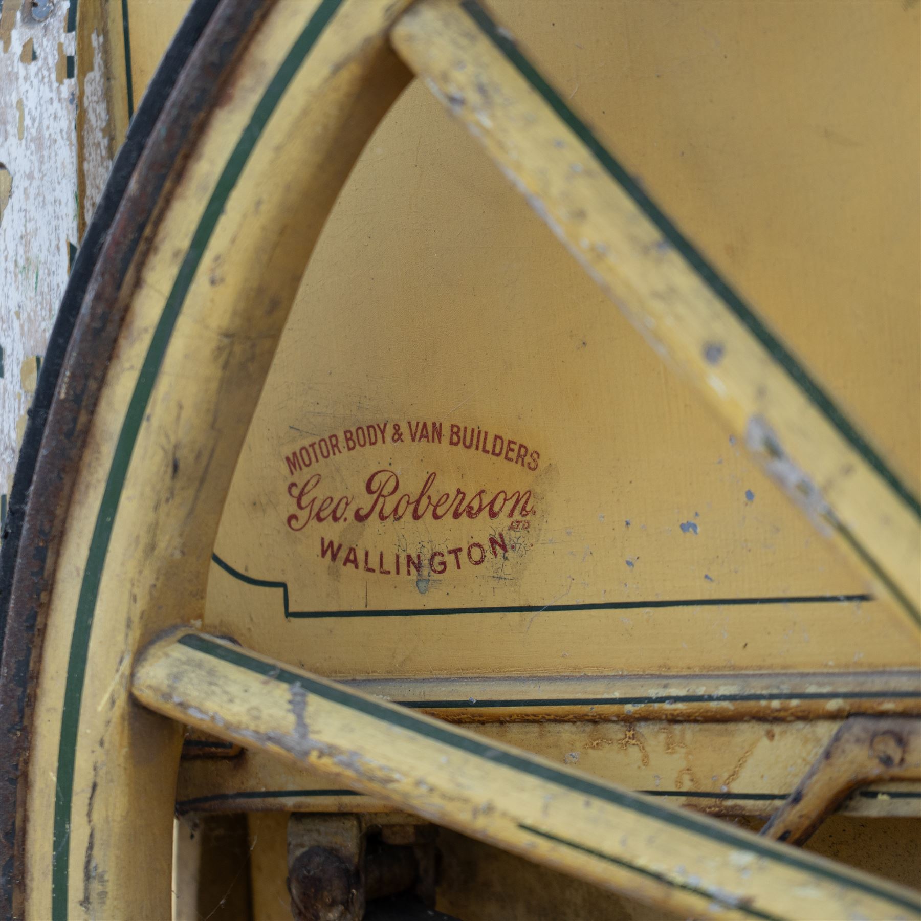 James I. Douglas, Baker & Confectioner, Laurencekirk Hand Drawn Delivery Cart

An attractive late 19th or early 20th century hand drawn baker's delivery cart, finished in cream and retaining its original hand painted advertising livery for James I. Douglas, Baker & Confectioner, Laurencekirk. The enclosed body features a curved roof with external luggage rail, rear access doors and internal shelving for the transport and delivery of bread, cakes and confectionery. Mounted on large wooden spoked wheels with iron tyres and fitted with shaped shafts for a single horse, this is a highly decorative and increasingly scarce example of a provincial tradesman's delivery vehicle, offering excellent display potential for collectors, museums, period interiors or commercial settings.

Features:
• Original hand painted signwriting for James I. Douglas, Baker & Confectioner, Laurencekirk
• Enclosed delivery body with curved roof and external luggage rail
• Rear opening access doors with internal storage compartments
• Original internal wooden shelving and racks
• Large wooden spoked wheels with iron tyres
• Shaped shafts for single horse traction
• Builder's mark for Geo. Roberson Ltd., Wallington
• Decorative cream painted finish with period lining and detailing
• Suitable as a display piece, museum exhibit or advertising feature

Dimensions:
Overall length: 170 cm
Body length: 104 cm
Width: 83 cm
Height: 150 cm

Wheel Diameter:
Wheels: 95 cm