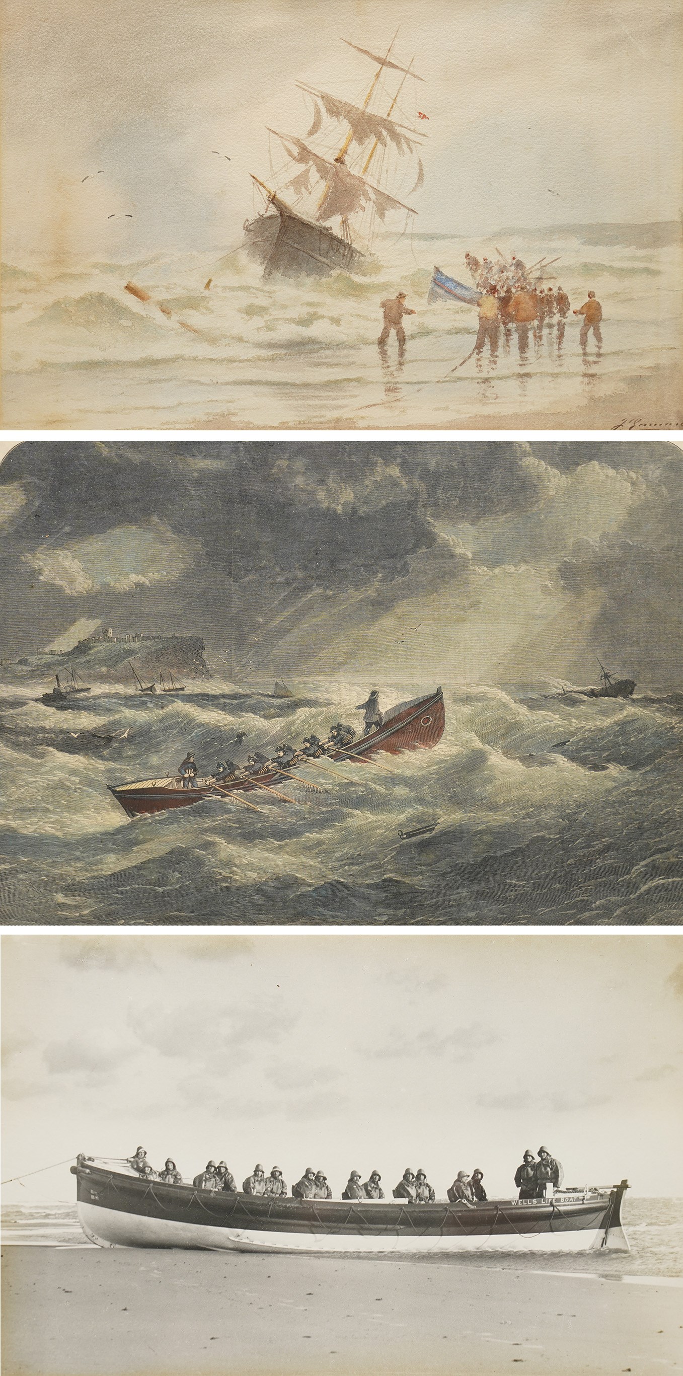 Joseph Eaman (British 1853-1907): Fisherman at Heavy Tides, watercolour signed 26cm x 41.5cm; After Frederick James Smyth (British fl.1841-1867): Stormy off Tynemouth Castle, hand-coloured engraving signed on the plate 24cm x 34cm; After Harry Hodges Tansley (British 1883-1961): Sheringham and Cromer, photographic print 18.5cm x 28.5cm (3)