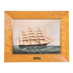 Set of Six Wedgwood plaques, each decorated with a clipper ship, inscribed to the reverse, in maple frames, 25cmx31cm