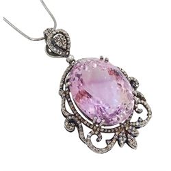 Silver oval cut amethyst and diamond, fancy openwork pendant necklace, amethyst approx 36.50 carat
