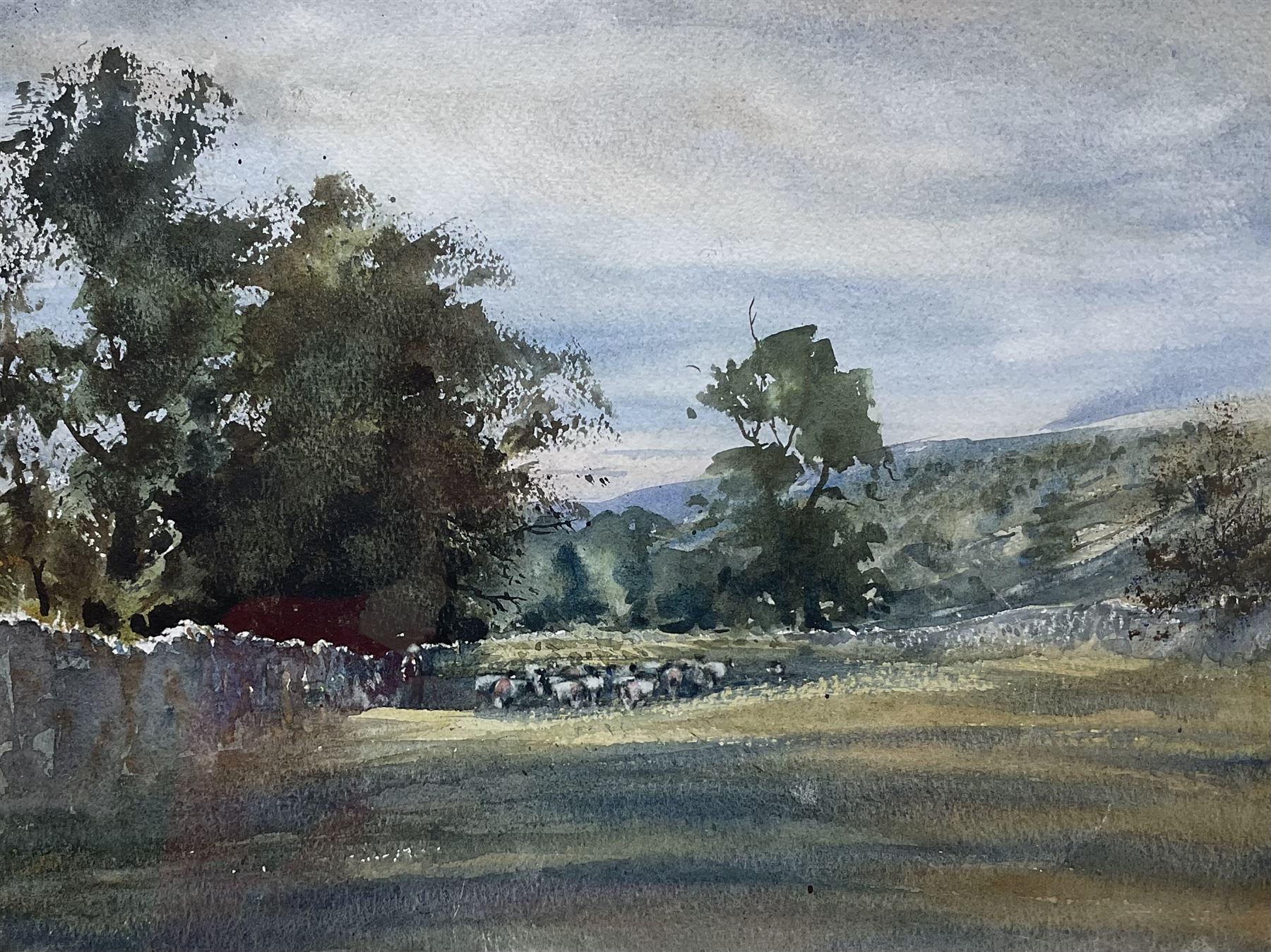 Brian Irving (British 1931-2013): Shepherd Herding Sheep in Rural Landscape, watercolour unsigned, attribution label verso by son 27cm x 26cm