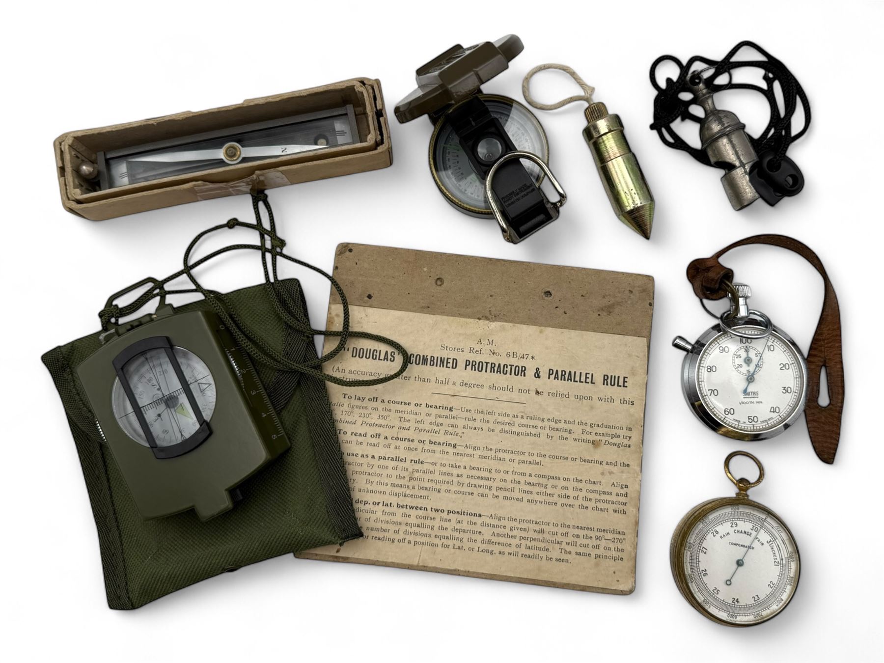 Trough compass and two other modern hand held compasses, compensated barometer, Smiths stop watch, Douglas combined protractor and parallel rule, etc
