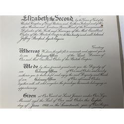 George VI Knight of the Garter cloth beret insignia with pin back and photograph of the Knight's Robes; Edmund Fellowes book on The Knights of the Garter 1348-1939; together with EIIR civilian OBE certificate to Jeffery Stanford Agate with facsimile signatures of Elizabeth II and Prince Philip