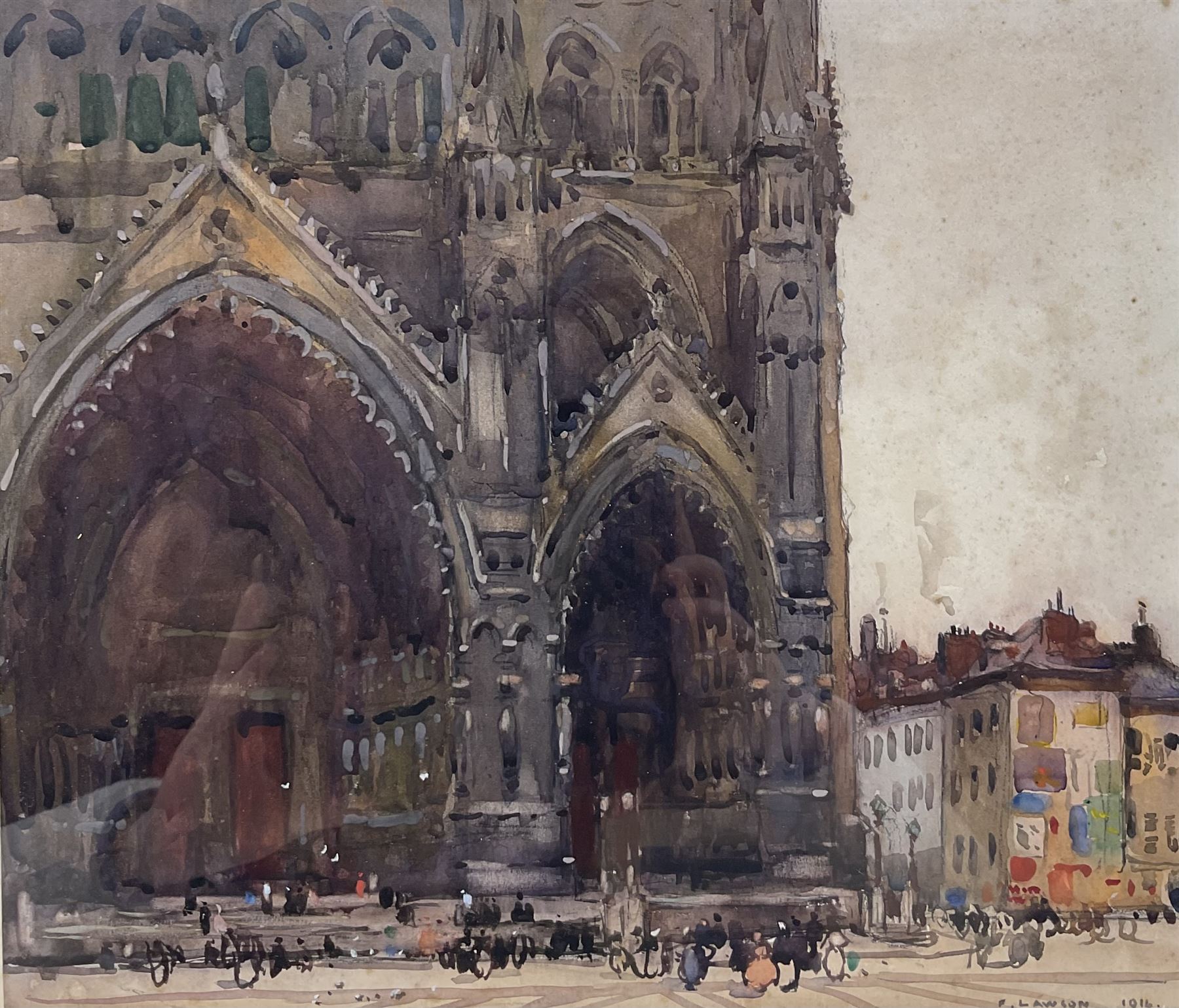 Frederick (Fred) Lawson (British 1888-1968): Amiens Cathedral, watercolour signed and dated 1916, 26cm x 30cm