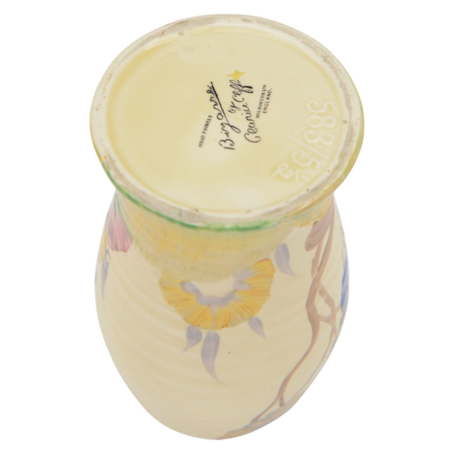 Clarice Cliff Bizarre Rhodanthe pattern vase, shape 583, with green, red, yellow and brown foliate decoration, H15cm