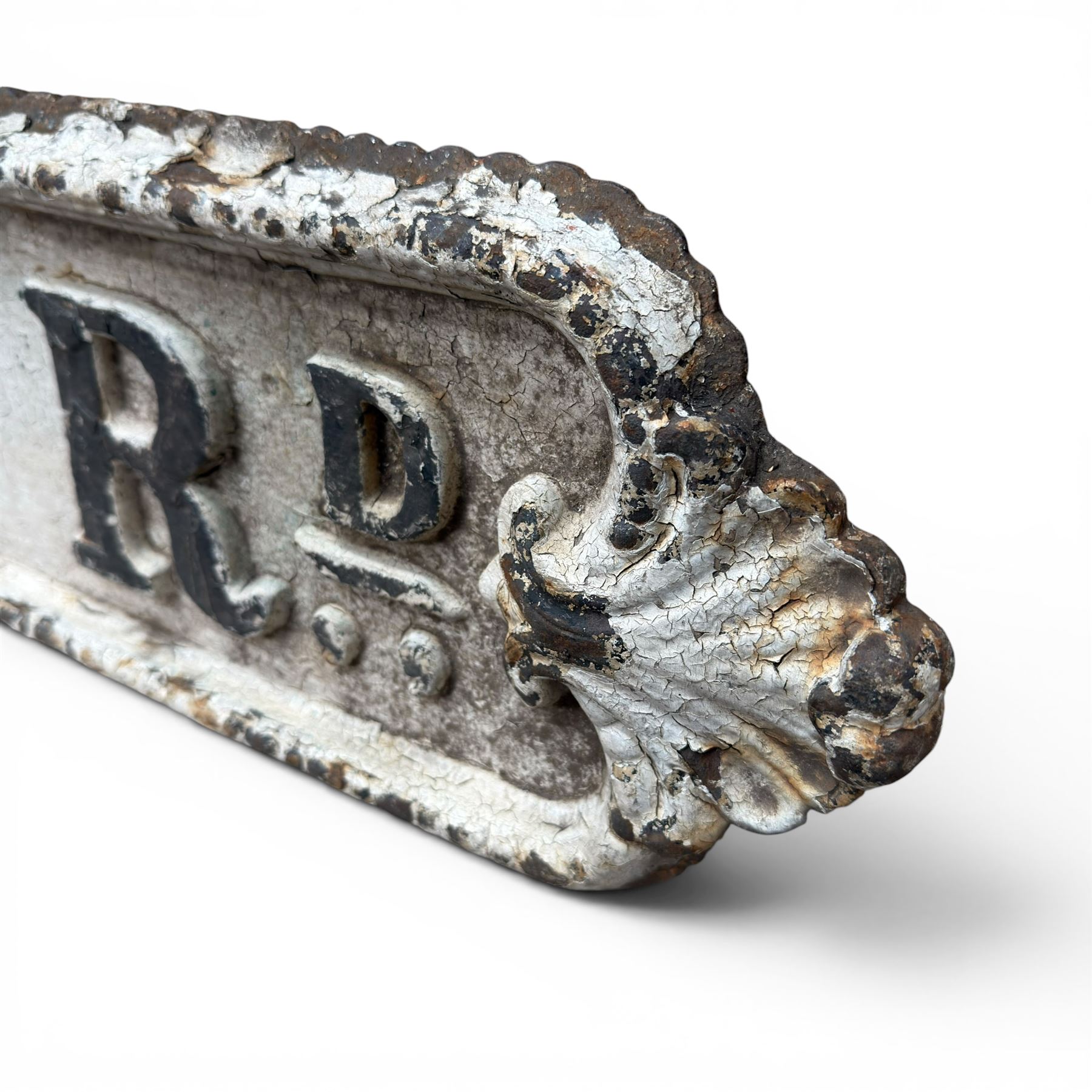 'Alum Rock Rd' - Victorian cast iron street sign, onate design, oval ends with shell motifs