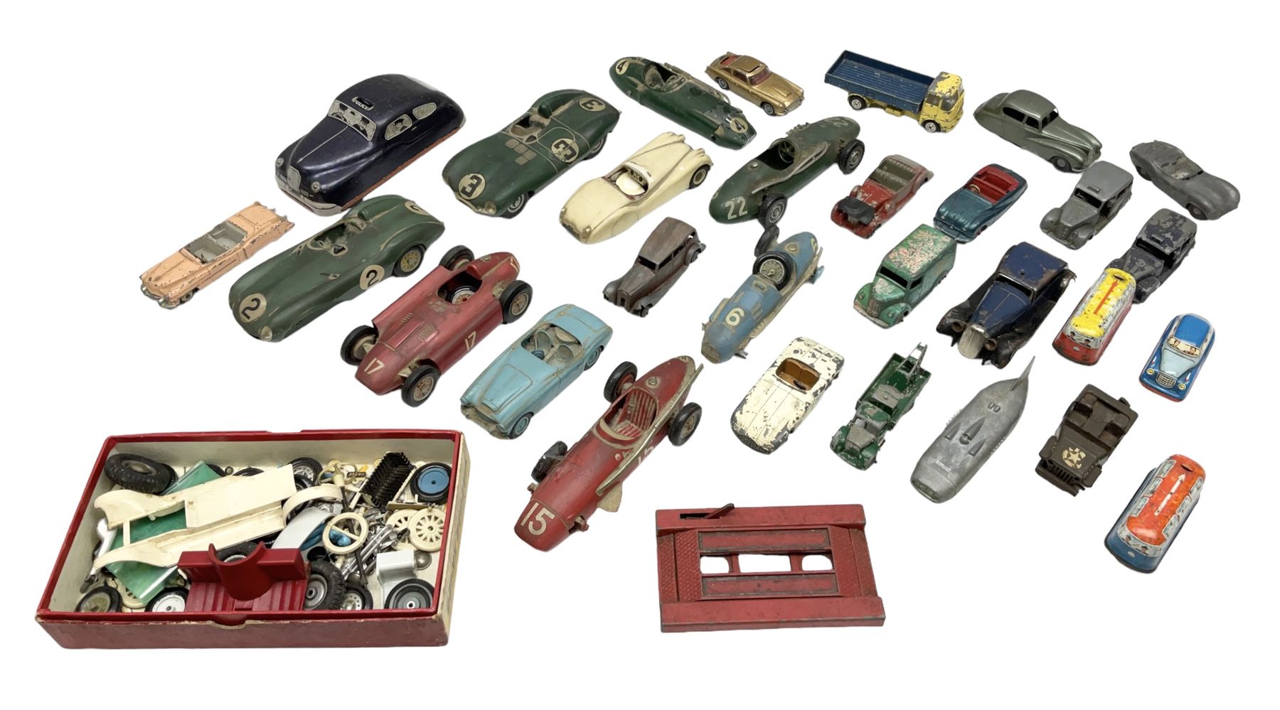 Various Makers - fourteen unboxed and playworn die-cast models including Wee-Kin Sunbeam Talbot, Corgi James Bond Aston Martin and ERF lorry, Dinky Thunderbolt Racing Car, Cadillac Eldorado, Cunningham C5-R, Lagonda etc; Minic tin-plate police car and jeep; other tin-plate models; Merit Plastic racing cars and quantity of spare parts etc
