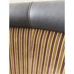 Curved restaurant bar seat, upholstered in grey leather and striped fabric- LOT SUBJECT TO VAT ON THE HAMMER PRICE - To be collected by appointment from The Ambassador Hotel, 36-38 Esplanade, Scarborough YO11 2AY. ALL GOODS MUST BE REMOVED BY WEDNESDAY 15TH JUNE.