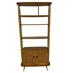 Ercol - 'Giraffe' elm and beech room divider, fitted with shelves and double cupboard