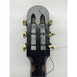 19th century Continental parlour guitar for restoration or display, with maple back and sides,  spruce top, scalloped neck and bone pegs; bears inset plaque to head 'Lapaix Paris 1830' and 'John Eastwood Teacher of the Guitar' paper label with manuscript note 'Fine Old Guitar Restored 1888 by JCB Leeds' L92cm