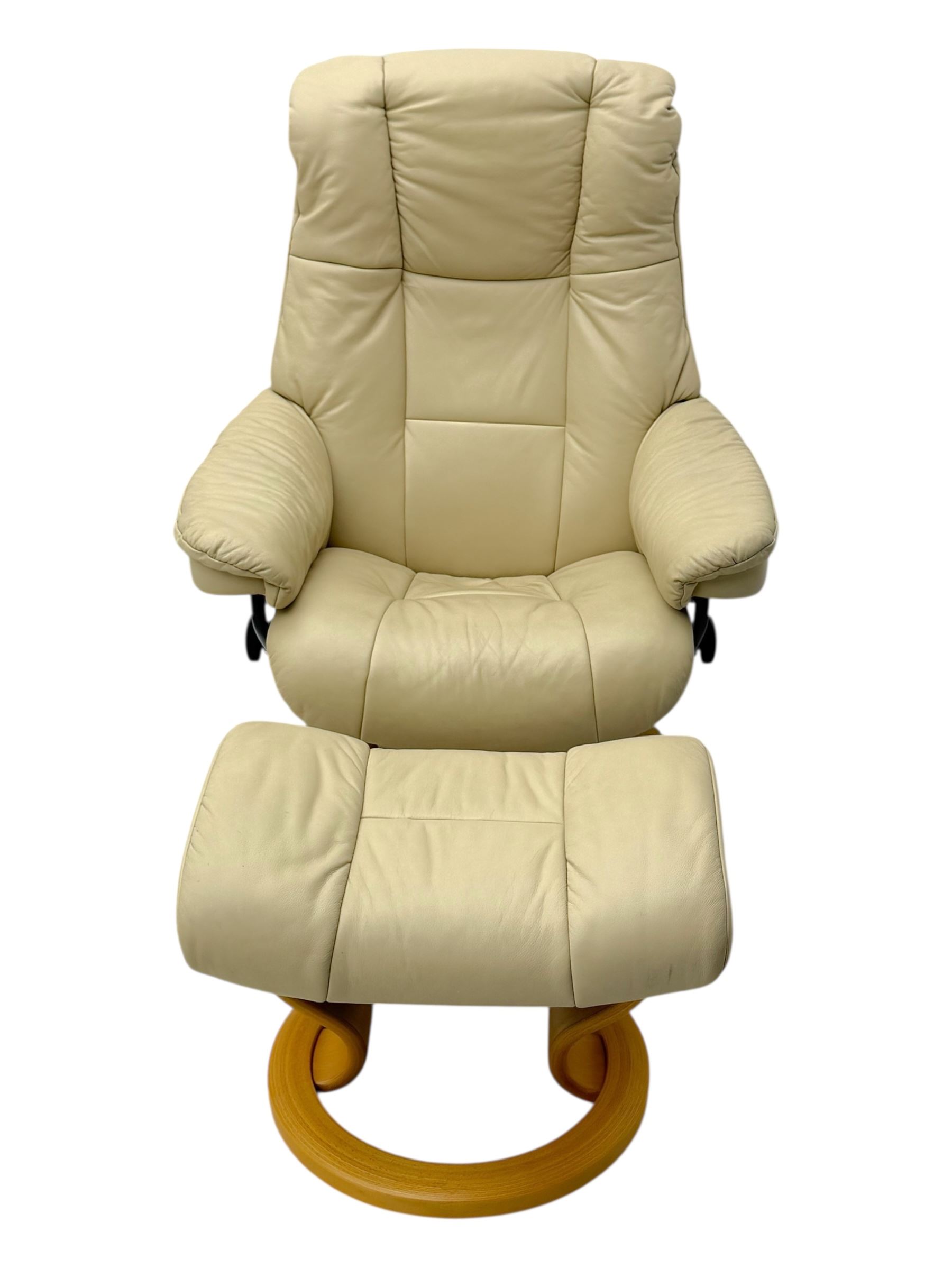 Stressless - armchair and footstool upholstered in beige leather, recliner with swivel base 