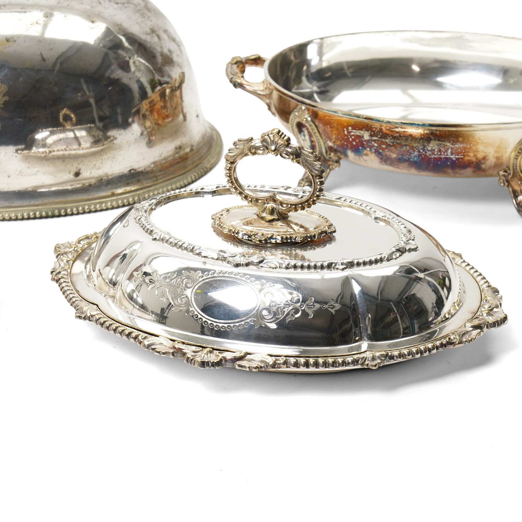 Pair of silver plated oval entree dishes and covers with bead edge and shell moulded borders and engraved covers and matching chafing dish by Martin Hall & Co and a plated meat cover