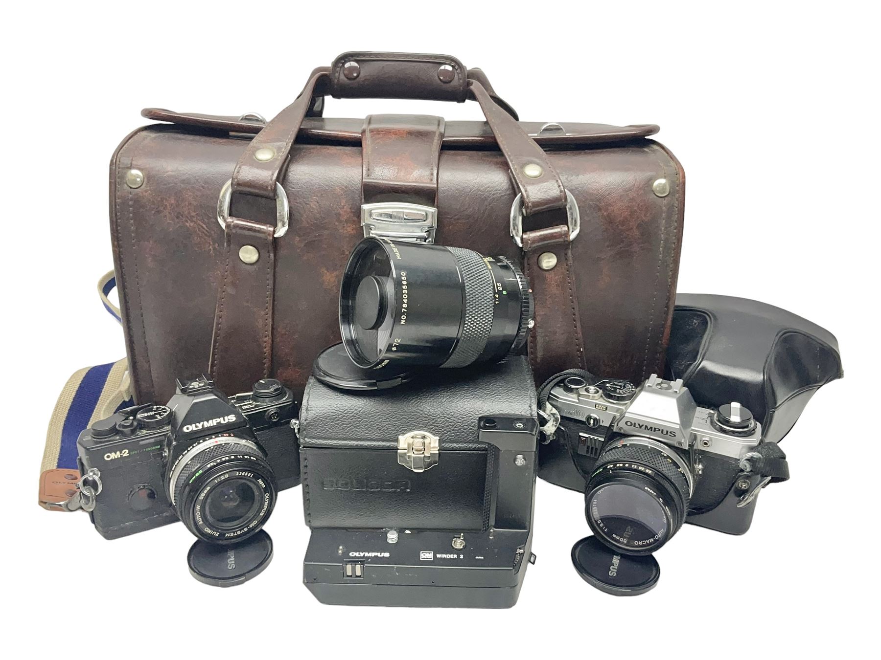 Olympus OM-2 camera body, serial no 1117526, with Olympus OM-System Zuiko Auto-W 28mm 1:2.8'  lens serial no 336591, Olympus OM10 camera body serial no 2392257, with Olympus OM-System Zuiko Auto-Macro 50mm 1:3.5' lens serial no 225784, Soligor C/D mirror lens 1:8 f=500mm' serial no 784035650 together with other camera equipment 