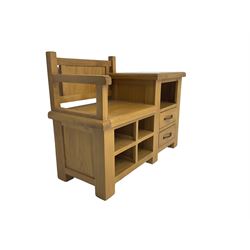 Late 20th century light oak telephone table, seat over four pigeon holes, fitted with shelf over two drawer
