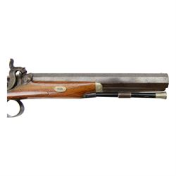 Pair of 19th century officer's duelling pistols, by William Chance & Son, with 25 bore sighted octagonal brown barrels, engraved London to the top, with gilt and platinum lines, foliate engraved tang, the back action lock plate signed and engraved with foliage, the walnut half stock, the trigger guard engraved with foliate and pineapple design, with ebony ramrods, in a brown velvet lined mahogany case, fitted with accessories including a copper pistol flask, a steel bullet mould, a tin of caps, lead balls, a cleaning rod with brass screw top