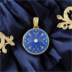 Victor Mayer for Fabergé 18ct gold pendant, guilloche blue enamel circular locket set with...