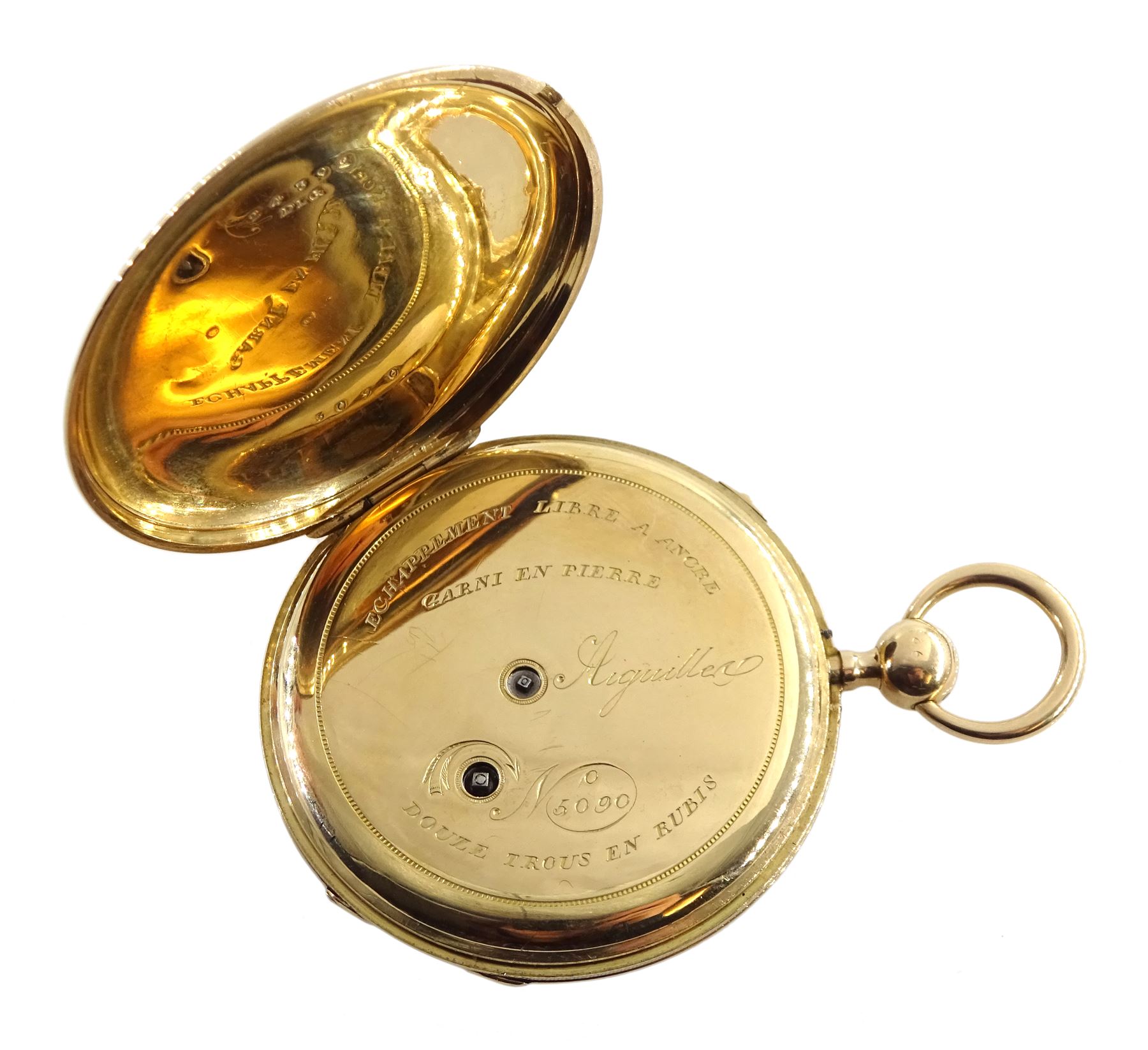 18ct gold open face key wound quarter repeating Swiss lever pocket watch by Garni en Pierre, No. 5090, the gold dust cover inscribed 'Echappement Libre a Ancre', plunge repeat in the pendant, silver engine turned dial with Roman numerals and subsidiary seconds dial