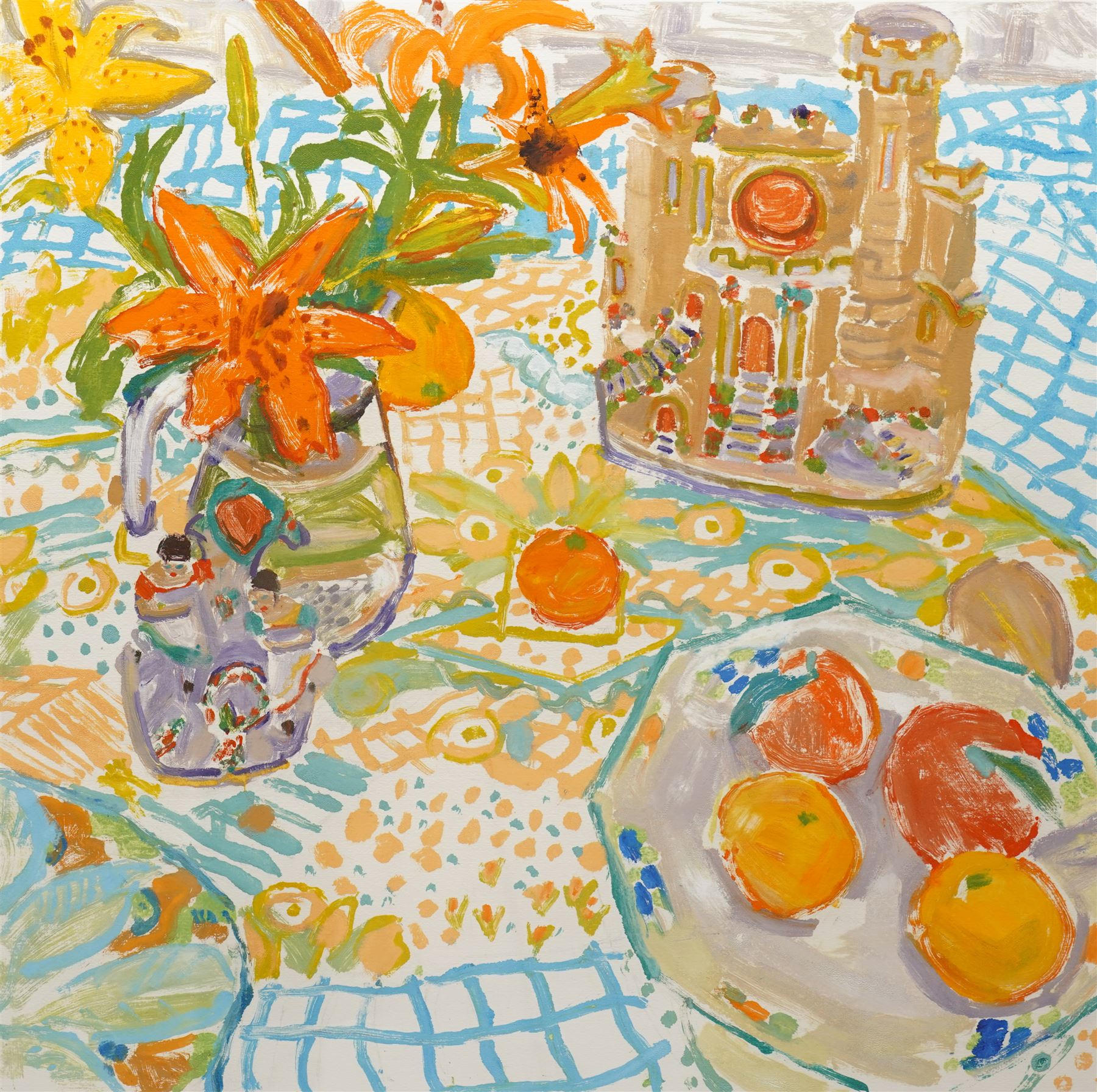 Gillian Ross Kelsey (British 1935-2025): 'Tiger Lilies', acrylic monoprint signed and titled in pencil 50cm x 50cm