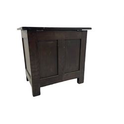 Tudor style oak coal type box with hinged top, with tin liner; and a coopered bucket (2)