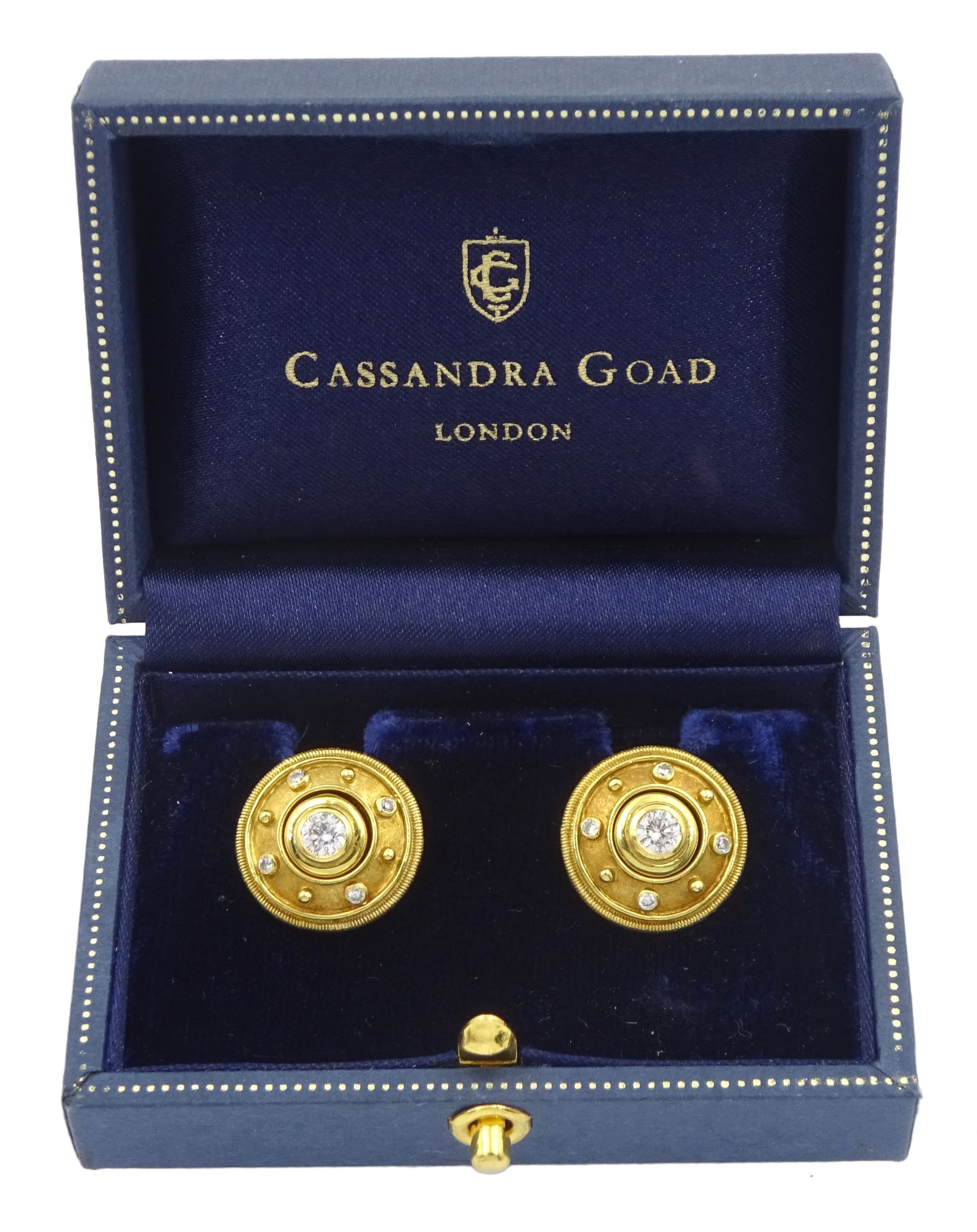 Pair of Cassandra Goad 18ct gold Theresa diamond interchangeable stud earrings, central round brilliant cut diamonds of approx 0.50 carat total, each with removable four stone diamond set decimus halo, from the Damascus range, hallmarked, cased