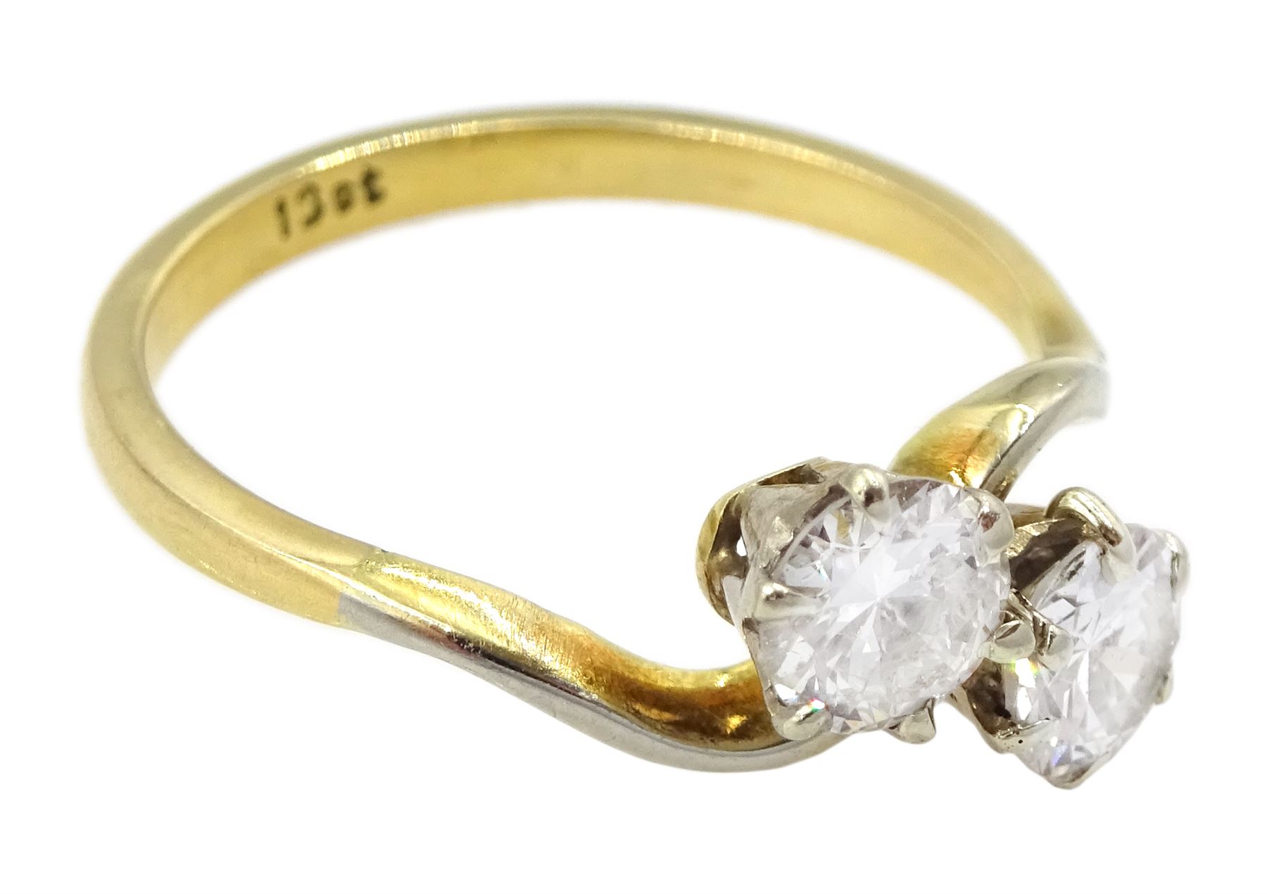 18ct gold two stone round brilliant cut diamond crossover ring, stamped, total diamond weight approx 0.75 carat