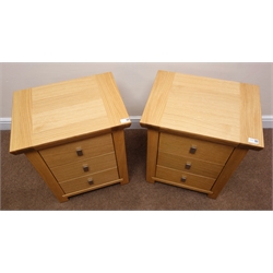  Ponsfords of Sheffield pair light oak, bedside chests, three drawers, stile supports, W50cm, H60cm, D38cm  