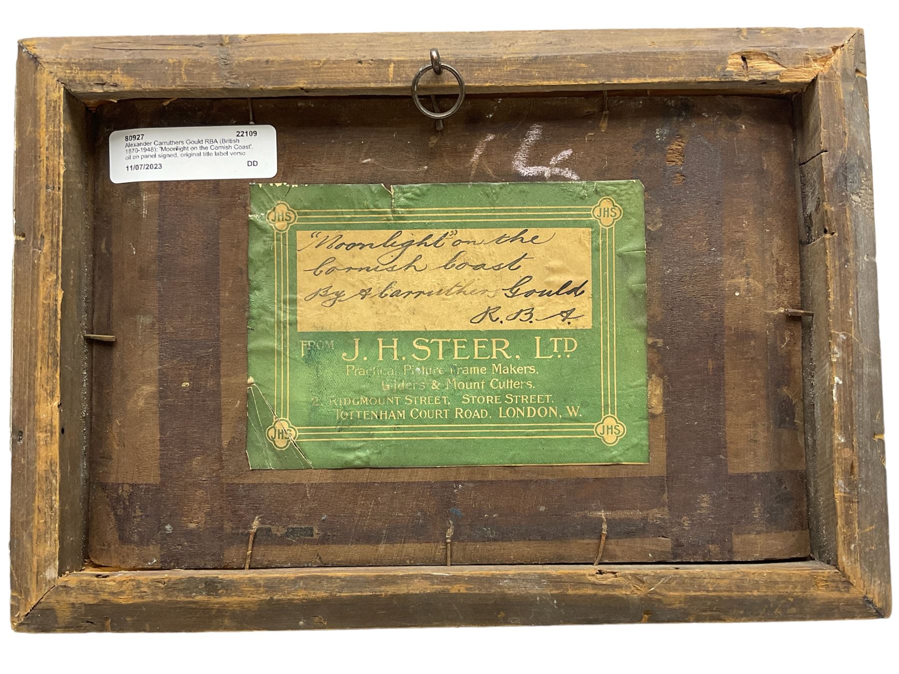 Alexander Carruthers Gould RBA (British 1870-1948): 'Moonlight on the Cornish Coast', oil on panel signed, original title label verso 14cm x 22cm