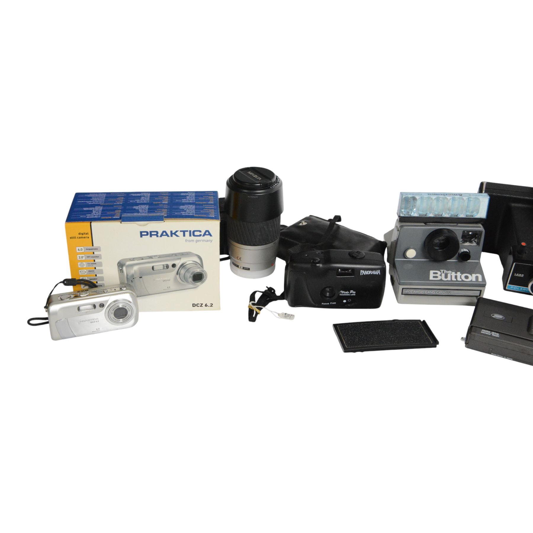 Praktica DCZ 6.2 digital camera, two Polaroid cameras, Minolta 404 si etc
