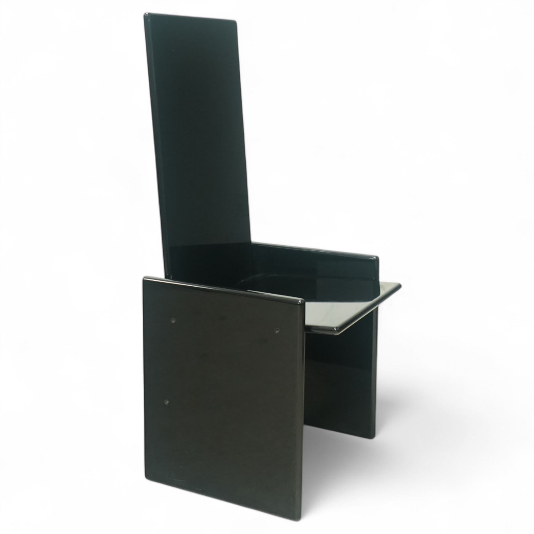 Kazuhide Takahama for Simon Gavina - set of six 1970's Italian designer black lacquered 'Kazuki' dining chairs, high slanted back over rectangular seats and broad panelled side supports, labelled to underside