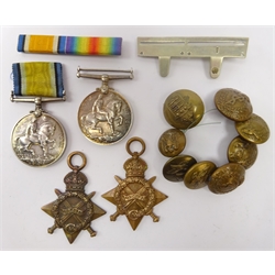  Two WWI War medals awarded to 'M. Z. 2160. C. S. ELLIOTT. A.B.R.N.V.R.' and '15958 A.CPL. J.SLATER. OXF. & BUCKS. L.I.', various military buttons, two 1914-1915 stars etc  