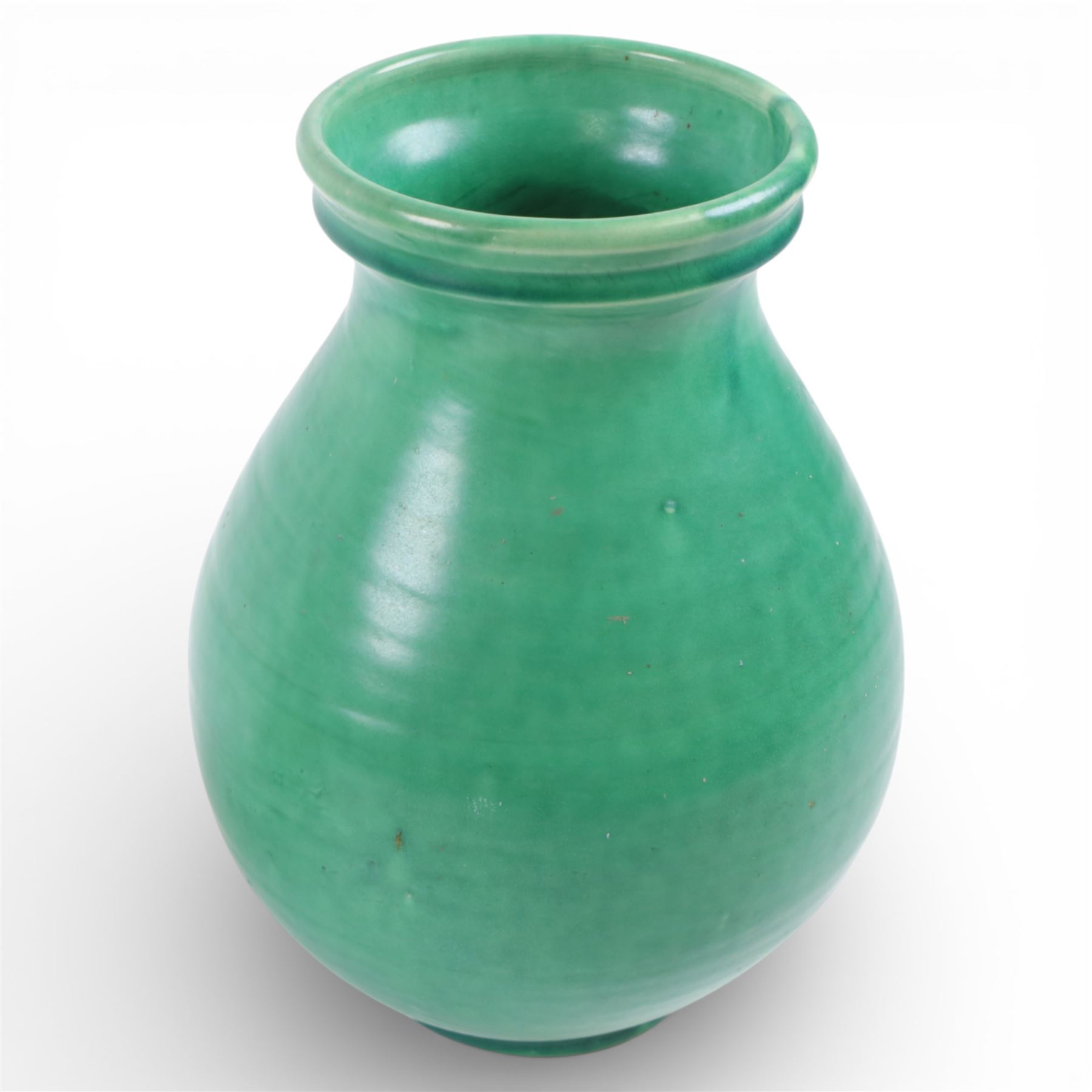 Branham Pottery green vase, of baluster form, with impressed mark beneath, together with John Egerton jug, with makers mark to handle, vase H26cm