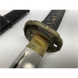 WW2 Japanese Army NCOs sword - katana, the 69.5cm slightly curving fullered blade numbered 14656; arsenal markings stamped near the habaki on the handle; brass tsuba and black painted metal hilt cast to simulate cord bound fish skin; in black painted steel scabbard with single suspension ring L96cm overall