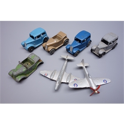  Dinky - four 35 Series die-cast models comprising three 35a Saloon cars and 35d Austin 7 open tourer, another part 35d tourer, together with Gloster Meteor and Tempest II aircraft, all unboxed (7)  
