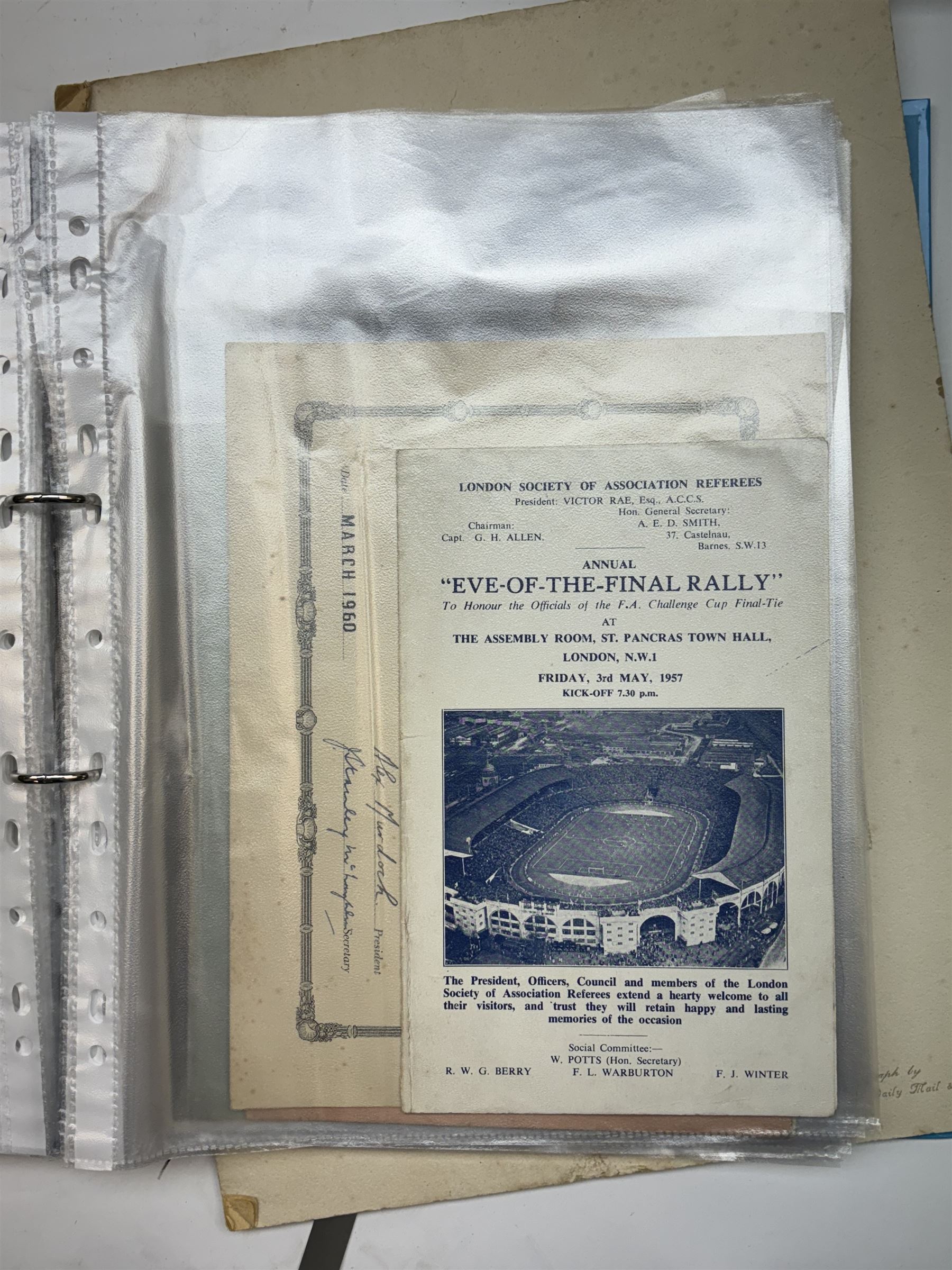 Collection of football memorabilia belonging and relating to the Hull based referee Frank Coultas, including 9ct gold Referee's medal for the 1957 Aston Villa v Manchester United FA Cup Final, inscribed 'The Football Association, F.B Coultas, F.A. Challenge Cup Competition, Final Tie 1957', hallmarked and in original case; the kit worn by him to referee the 1957 FA Cup Final and ephemera relating to the match including photographs, programmes and tickets; together with other football memorabilia collected by Frank Coultas, including programmes, photograph and ticket stubs, with some items relating to the 'Busby Babes'
