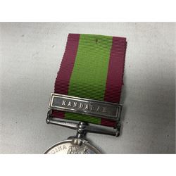 Victoria 2nd Afghanistan War Medal 1878-79-80 with clasp for Kandahar, awarded to 397 Gunr. W. Hogg C. Batt. 2nd Bde. R.A. with ribbon