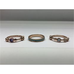 Six silver and silver-gilt stone set rings, including cubic zirconia and turquoise examples, all stamped 925