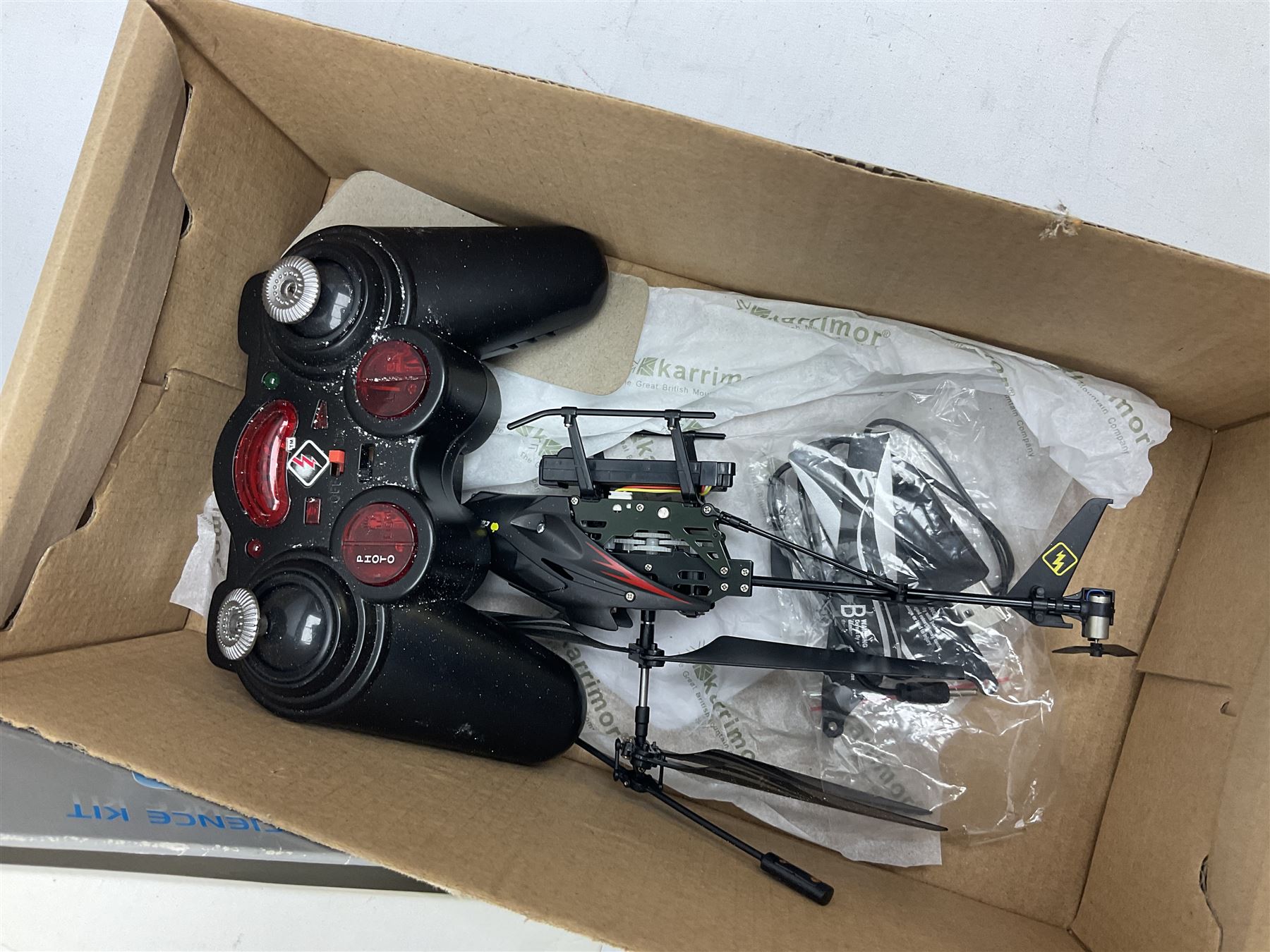 Scientific toys including Electronic Experiment Kit; Fuel Cell Car Science Kit; Robot Kits 6-in-1 Educational Solar Kit; all boxed; remote control helicopter; and two others