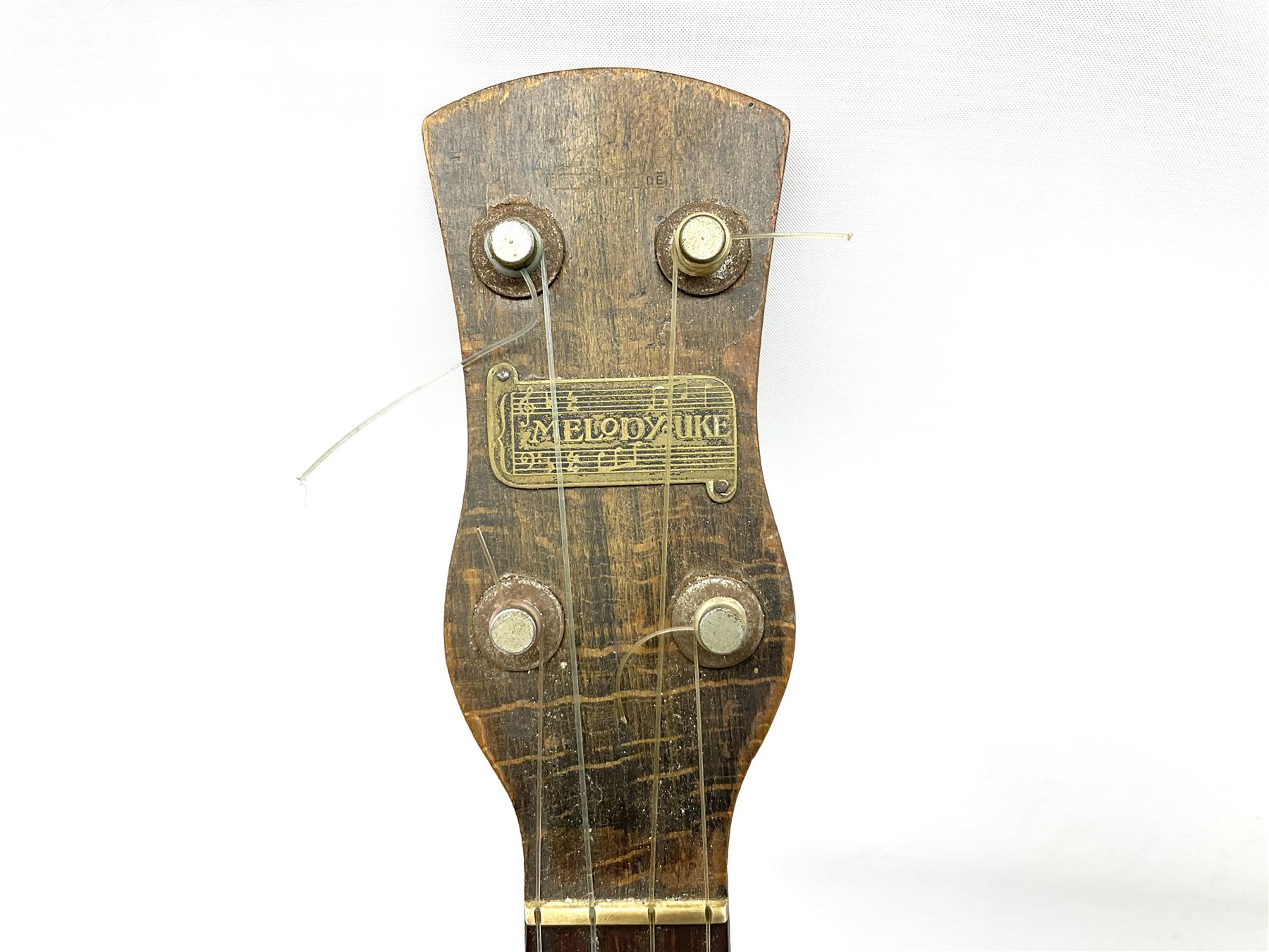 Melody-Uke four-string ukelele banjo, makers plaque to head stock L59cm; and Italian eight-string lute-back mandolin with mahogany stained segmented maple back and spruce top L59cm (2)