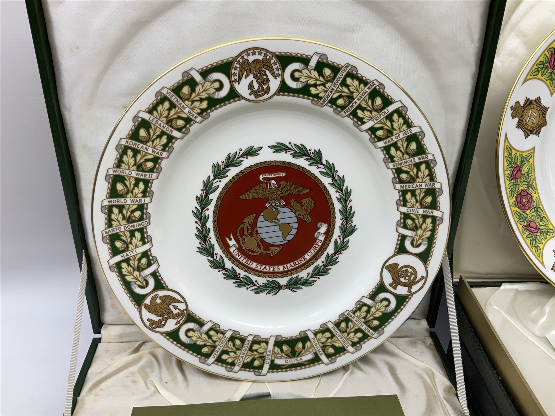 Seven limited edition Spode Military collector's plates comprising The Argyll & Sutherland Highlanders, The Gordon Highlanders, The Royal Hampshire Regiment, The Royal Welch Fusilliers, The Cheshire Regiment, The Gloucestershire Regiment and The United States Marines, all boxed and with certificate  (7)