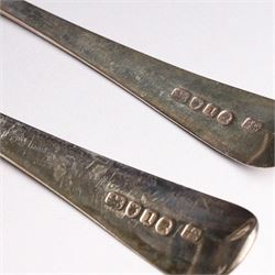 Ten Georgian and later silver table and dessert spoons, including pair of George III Old English pattern examples, engraved with fish to terminal, hallmarked London 1791, maker's mark ID and a pair of George III Old English pattern table spoons with engraved bird to terminal, George Smith (III) & William Fearn, London 1786