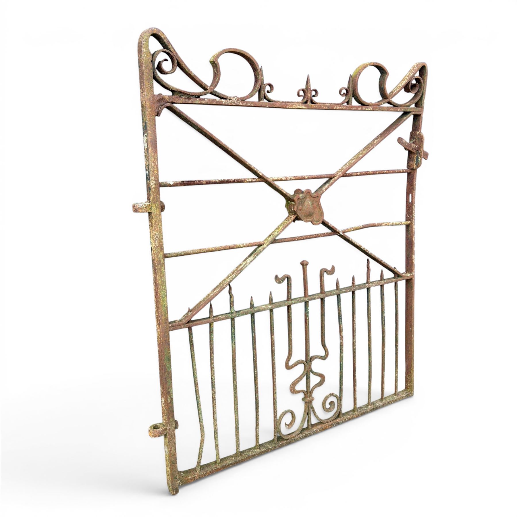 Impressive 19th century 4' wrought iron Country House pedestrian gate, bar form with close rail base, X framed with central crests, scroll and spike top