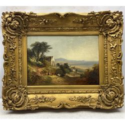 English School (19th century): 'The Church of St Ishmael - Bay of Carmarthen near the Worms Head', oil on board inscribed verso, in ornate moulded gilt frame 24cm x 34cm 
