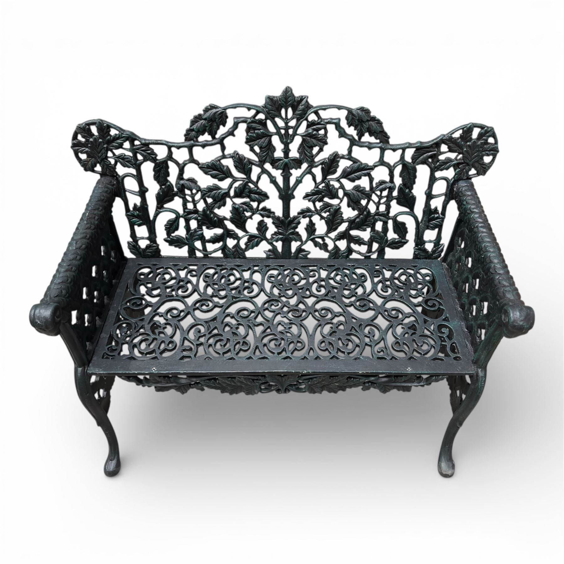 Coalbrookdale style - cast iron garden bench, with pierced foliate back, rams head arms, raised on cabriole legs, finished in green paint.