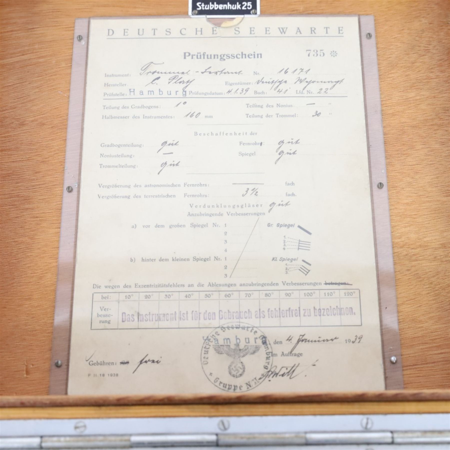 WWII Nazi German Kriegsmarine sextant by C. Plath, Hamburg, marked with impressed manufacturer’s logo, name and location, index arm stamped with Nazi eagle and swastika over Runic M, 2302, in original transit case with examine certificate by Deutsche Seewarte to the lid