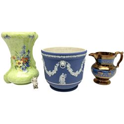 Victorian Wedgwood blue jasperware jardiniere H16.5cm; Victorian copper lustre jug; James Kent art deco style green glazed jug; and Beswick figure of a singing cat (4)