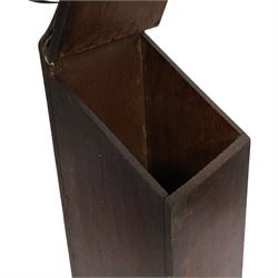 Three George III and later oak candle boxes, the first example of tapering form with shaped and pierced scroll crest, above a hinged lid, H50.5cm W18cm D13cm, the second of plain rectangular form with tapering crest, above a studded leather hinged sloped lid, H46cm W15.5cm D15.5cm, and third of plain rectangular form with demi-lune crest, with lift up front, H42.5cm W17.5cm D12cm 
