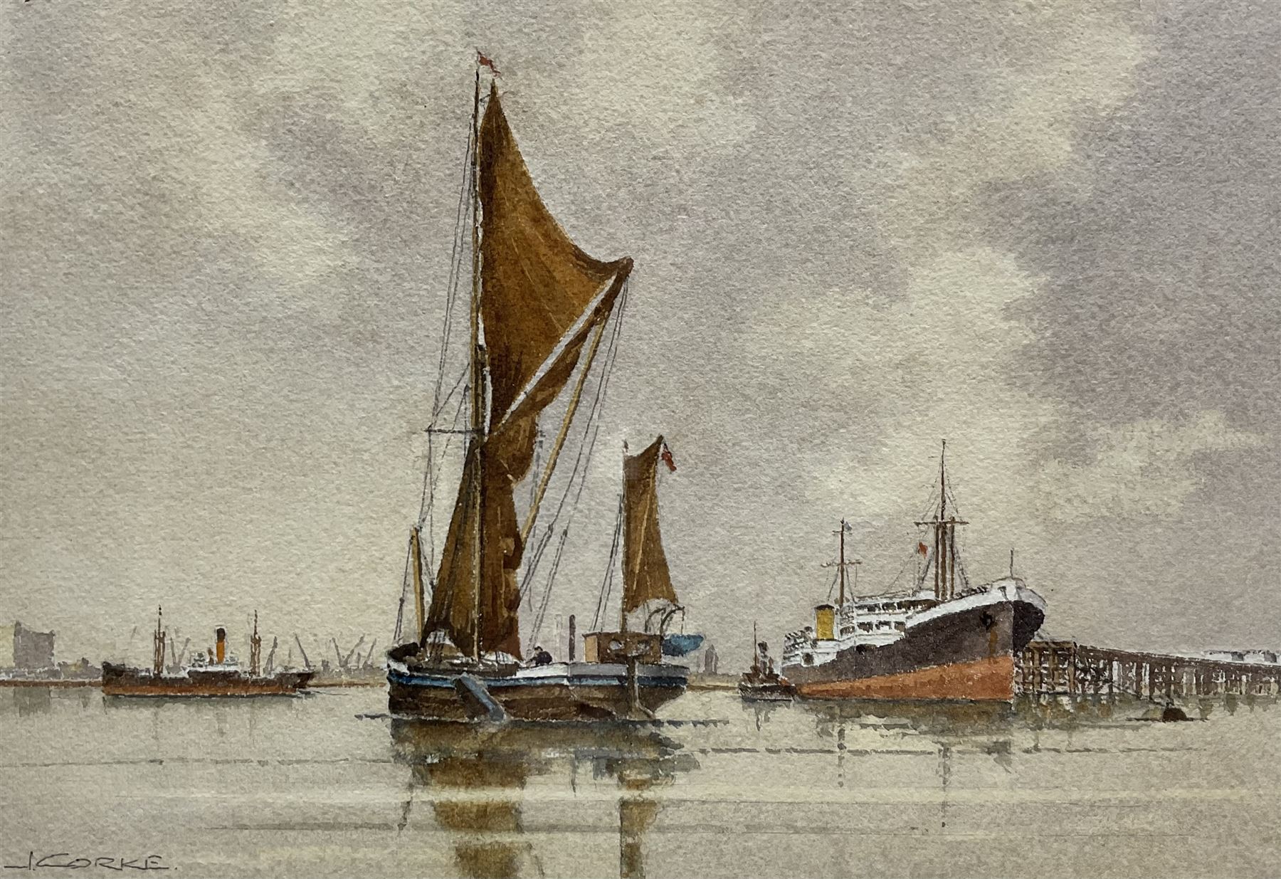 John Corke (British Contemporary): 'Off Saltend', watercolour signed, titled and dated 1955 on printed label verso 24cm x 35cm