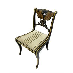 Thomas Messel design ebonised and gilt desk chair, pierced and shaped back painted with gryphons 