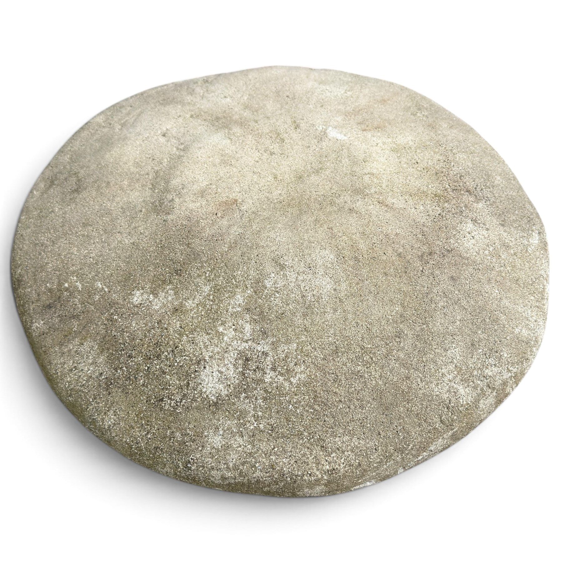 Weathered cast stone two-piece staddle stone of squat form, domed circular top over square-tapering pedestal base