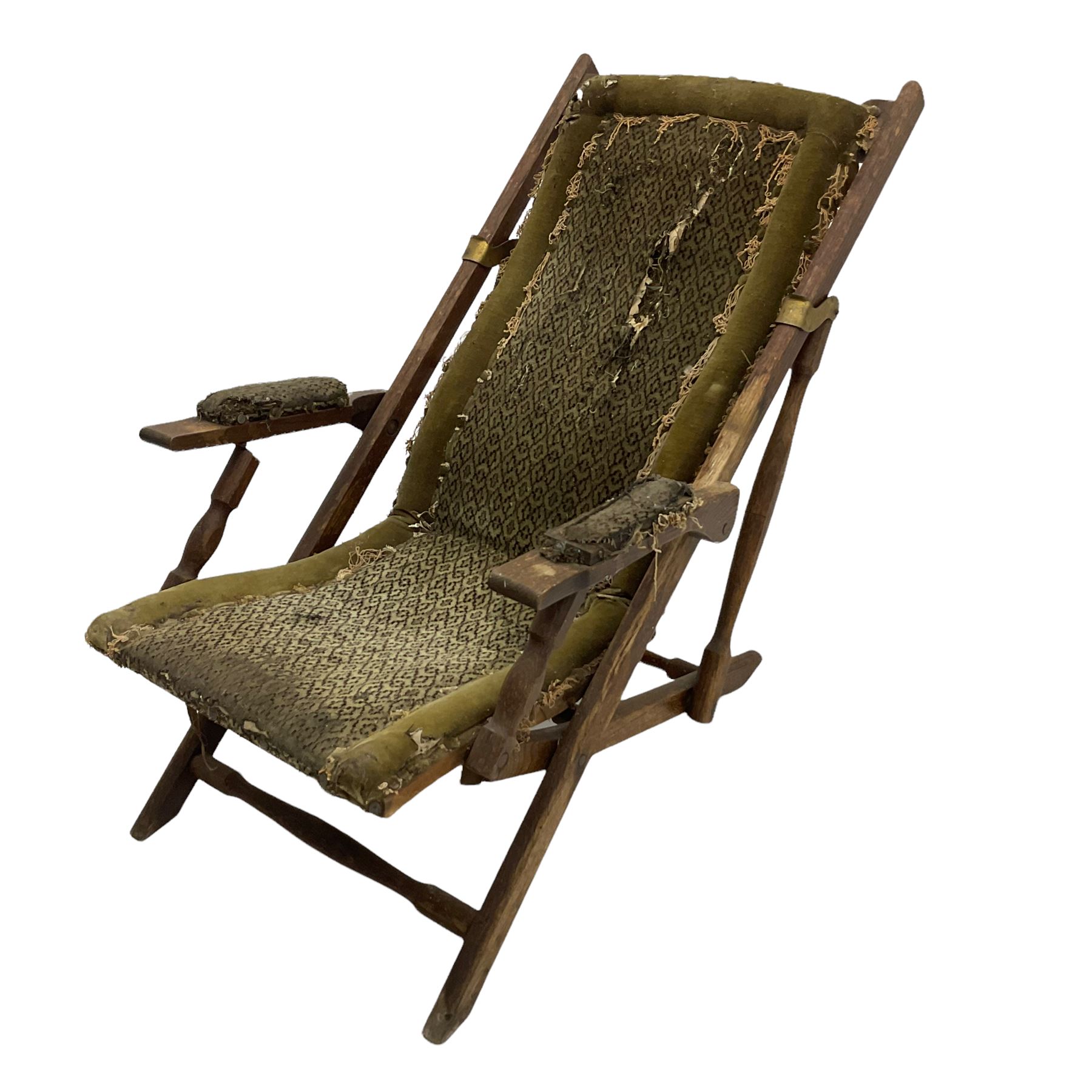 19th century oak campaign steamer or garden chair, folding staggered mechanism with brass fittings, upholstered seat, back and arms